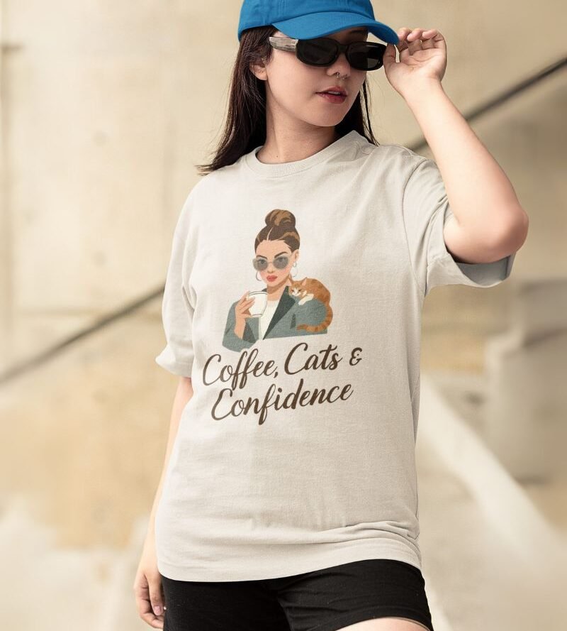 coffee cat and confidence - vneck - Faded Bone Coffee, Cats & Confidence